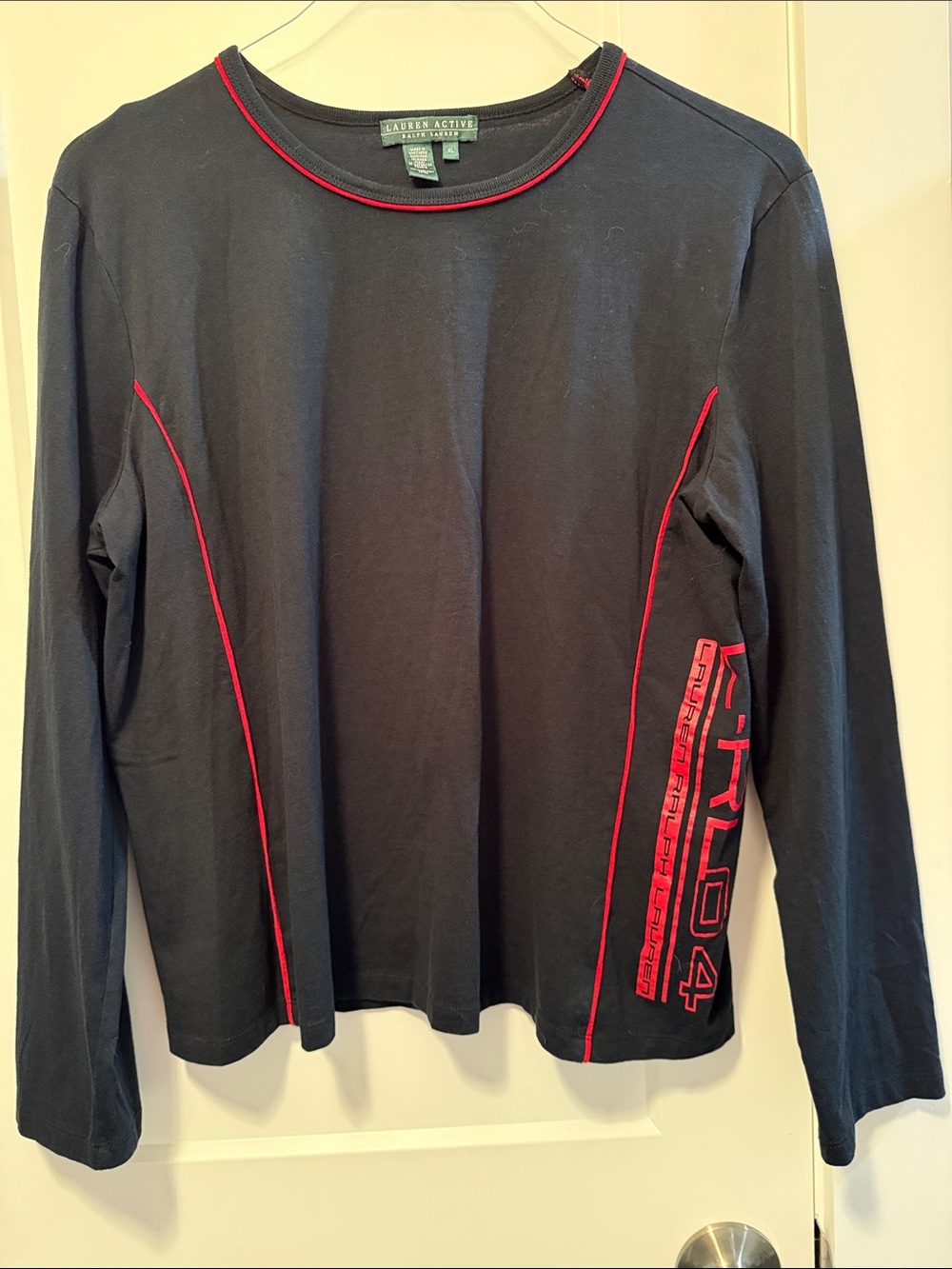 Ralph Lauren Women's Vintage Blue Long-Sleeve Tee with Red Piping